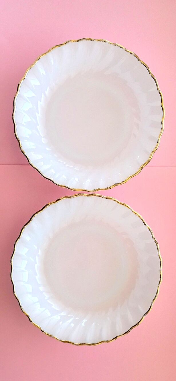 2 Anchor Hocking Fire King Milk Glass Swirl Bread Plates Gold Rim White 7 in.